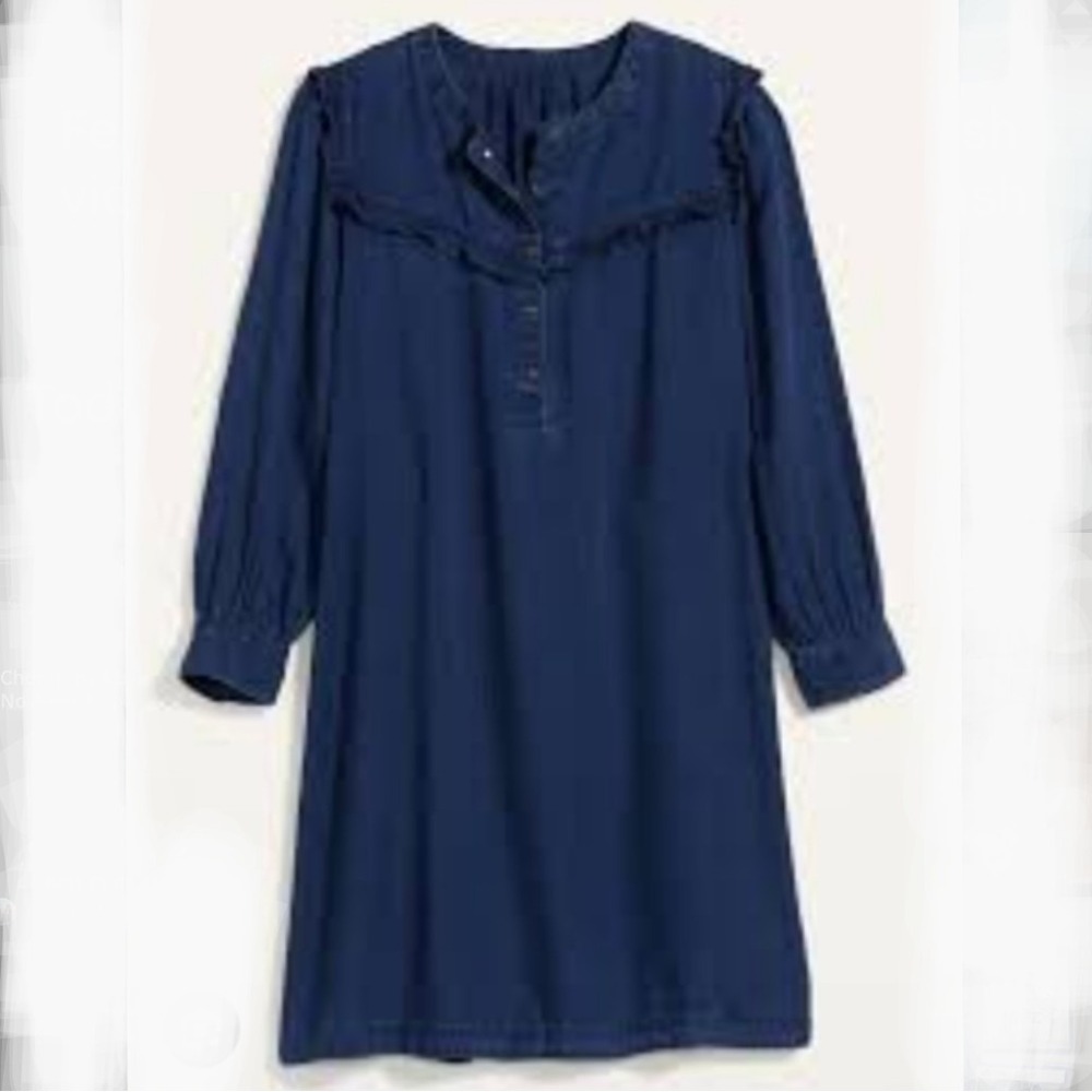 Old Navy Chambray Ruffle Yoke Shirt Dress Womens XS Oversize Western Cowgirl